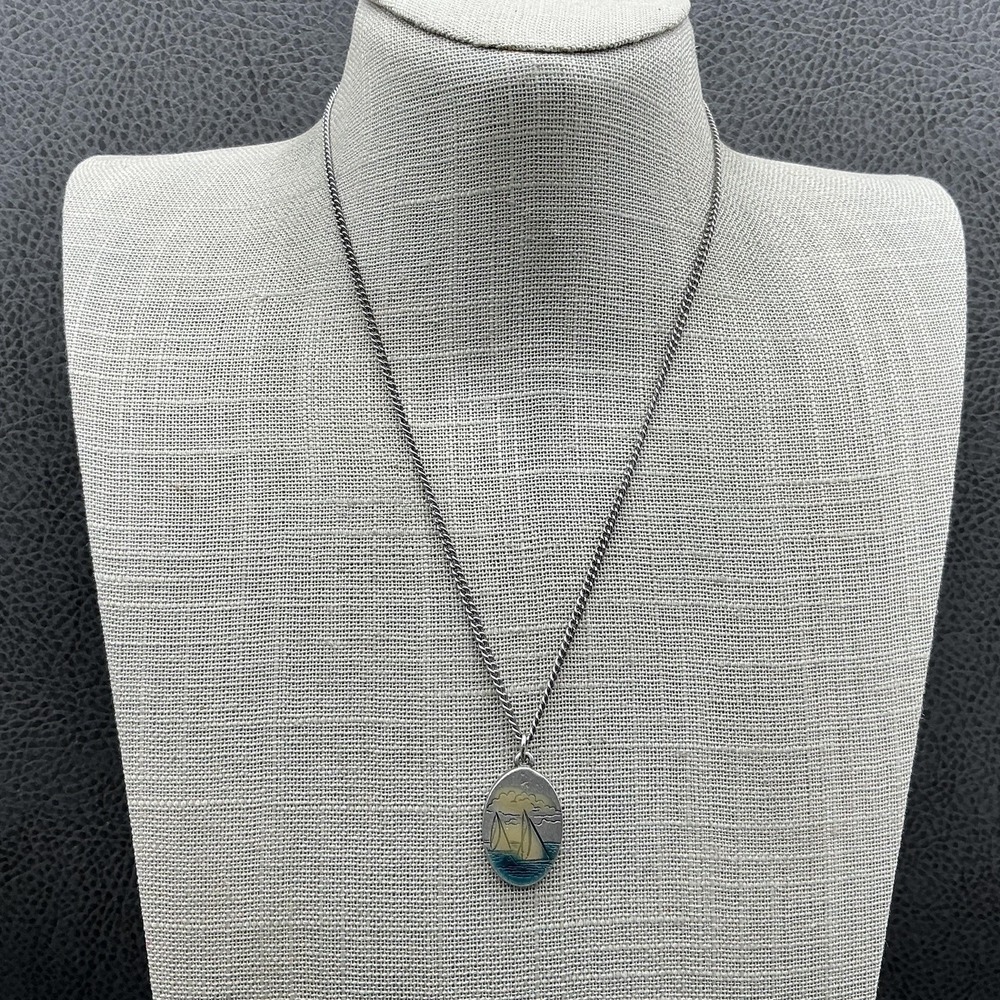 Scrimpewter Sailboat Oval Pendant Necklace Nautical Ocean Scene Pewter Chain